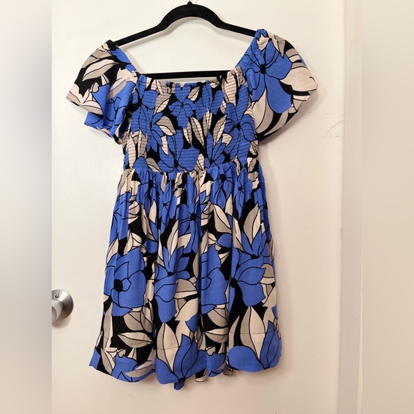 Free People Louise Floral Off The Shoulder Smocked Bodice Mini Dress XS Blue - Picture 10 of 10